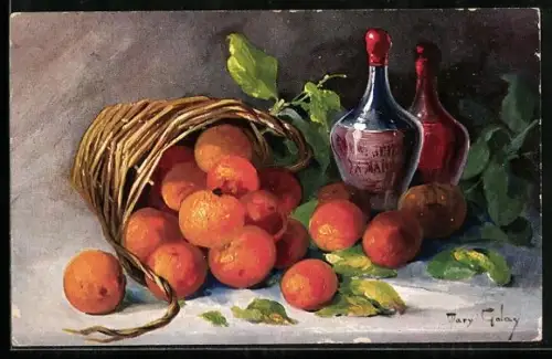 Künstler-AK Mary Golay: Orangen im umgekippten Korb und Weinflaschen