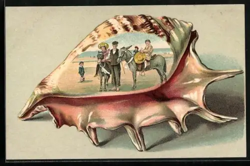 Passepartout-Lithographie Frau und Junge reiten auf Eseln, Muschel