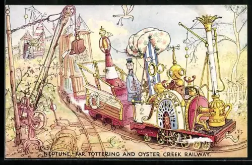 Künstler-AK The Far Tottering & Oyster Creek Railway in the Battersea Pleasure Gardens, engine Neptune