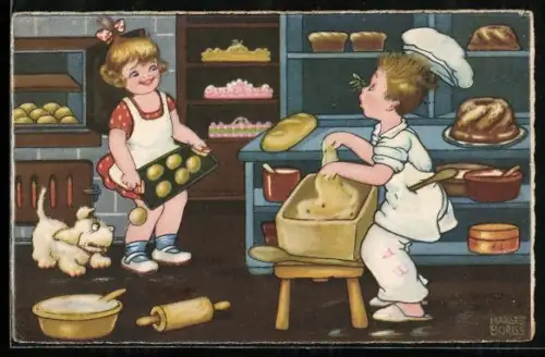 Künstler-AK Margret Boriss unsign.: Junge und Mädchen beim Backen