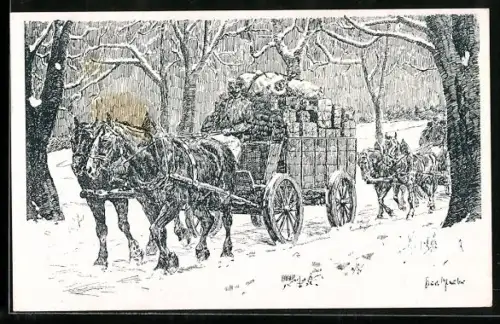 Künstler-AK Feldpostkutsche voll beladen im Winterwald