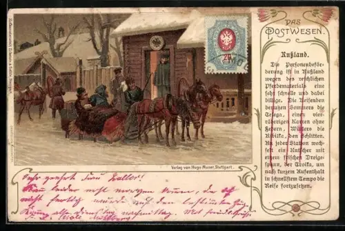 Lithographie Das Postwesen - Russland, Pferdeschlitten, Troika