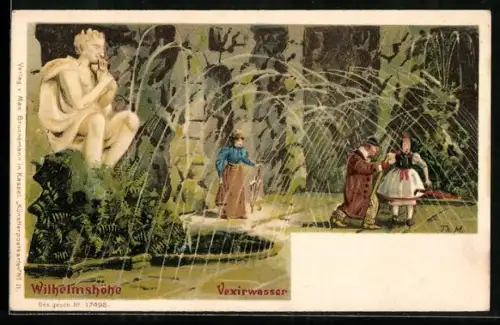Künstler-AK Kassel-Wilhelmshöhe, Besucher am Vexirwasser