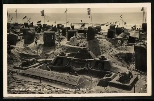 AK Westerland a. Sylt, Nordseebad, Eine von Sand gebaute Burg, Sandplastik