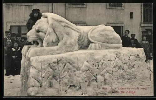 AK La Chaux-de-Fonds, Lion de Neige, Eisplastik in Gestalt eines Löwen