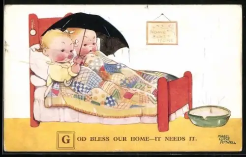 Künstler-AK Mabel Lucie Attwell: Zwei Kleinkinder mit Regenschirm im Bett