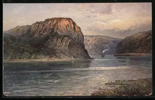 AK Loreley, Blick über den Rhein zum Loreley-Felsen