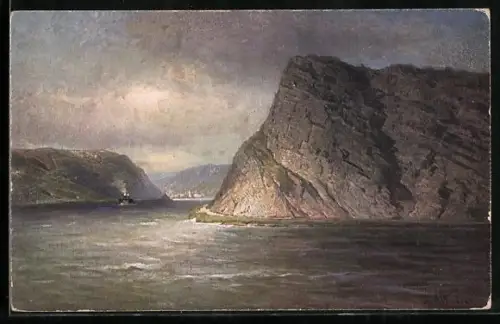 AK Loreleyfelsen im Abendlicht