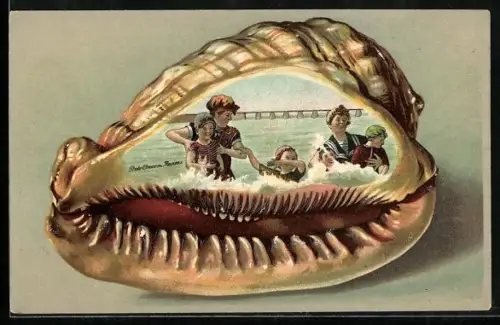 Passepartout-Lithographie Familie beim Baden, Muschel
