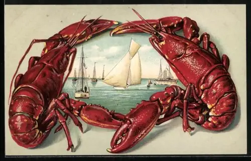 Künstler-AK Hummer umrahmen einen Meerblick mit Booten