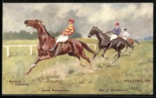 Künstler-AK Rennpferde Lord Rosebery und Mr. J. Gubbin auf einer Koppel