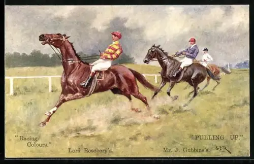Künstler-AK Rennpferde Lord Rosebery und Mr. J. Gubbin auf einer Koppel