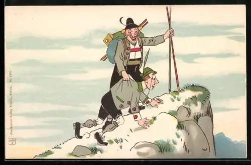 AK Bergsteiger auf dem Gipfel, einer hat Angst, in die Tiefe zu schauen