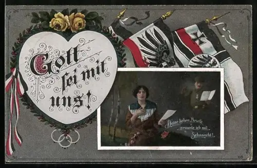 AK Frau liest Brief von Soldaten, Flaggen, Passepartout, Soldatenliebe