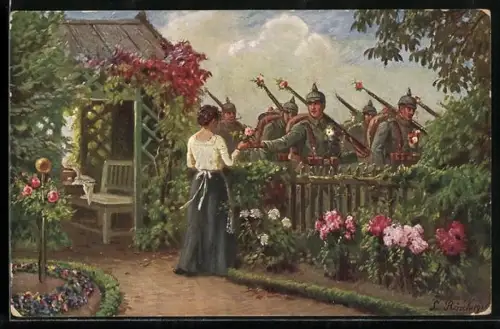 AK Ausmarsch der Soldaten, Deutscher Soldat schenkt einer Frau Blumen