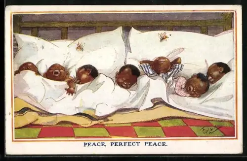 Künstler-AK T. Gilson: Afrikanische Kinder liegen im Bett