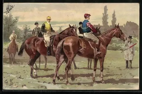 Künstler-Lithographie Reitesport, Jockeys auf Rennpferden