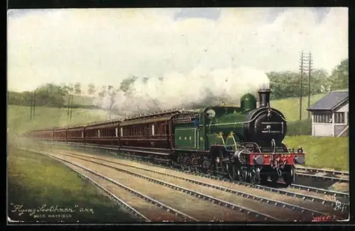 Künstler-AK Englische Eisenbahn Flying Scotchman der G. N. R. near Hatfield