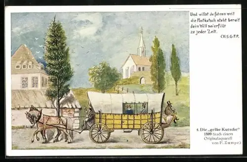 Künstler-AK Postkutsche fährt durch einen Ort