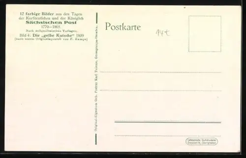 Künstler-AK Postkutsche fährt durch einen Ort