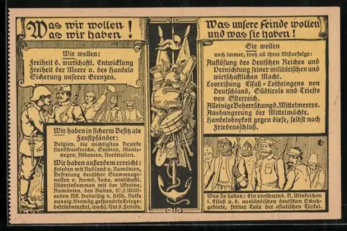 Künstler-AK Was wir wollen! Was wir haben! - Was unsere Feinde wollen und was sie haben!, Propaganda 1. Weltkrieg