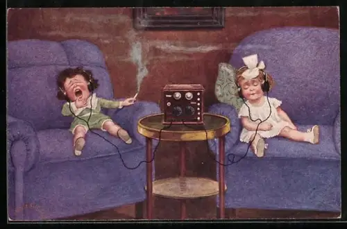 Künstler-AK Herschu: Kinder hören Radio mit Kopfhörern