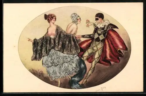 Künstler-AK sign. Jean Gilles: Harlekin mit zwei hübschen Frauen