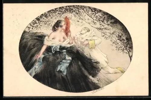 Künstler-AK sign. Solanges: halbentblösste Frau im schwarzen Tüllkleid mit Figur in weissem Kostüm