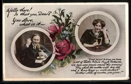 Künstler-AK Raphael Tuck & Sons: Paar telefoniert, Rose, Vergissmeinnicht