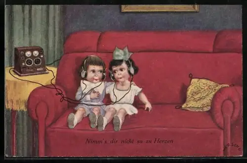 Künstler-AK Herschu: Nimm`s dir nicht so zu Herzen, zwei Kinder hören Radio