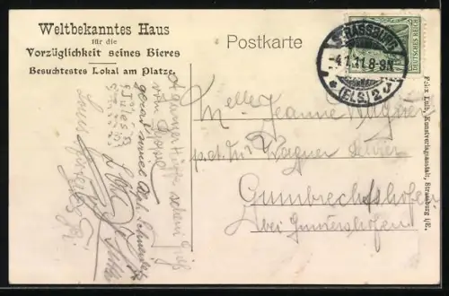 AK Strassburg, Bierhalle Piton, Innenansicht, Storchennest, Blumen