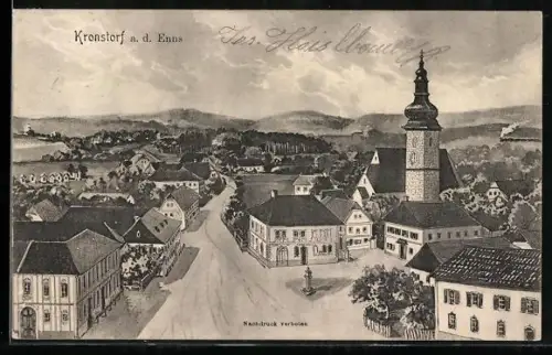 Künstler-AK Kronstorf a. d. Enns, Strassenpartie mit Kirche