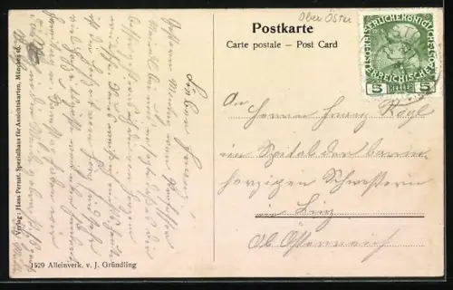 Künstler-AK Kronstorf a. d. Enns, Strassenpartie mit Kirche