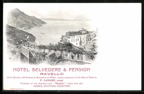 Künstler-AK Ravello, Hotel Belvedere & Pension Ravello P. Caruso propr., Producer of the wine Ravello, Reklame