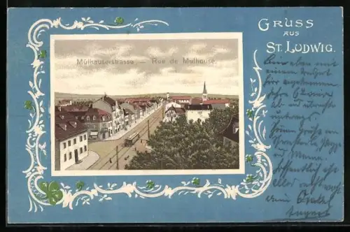 Lithographie St. Ludwig, Mülhauserstrasse mit Strassenbahn, Rue de Mulhouse