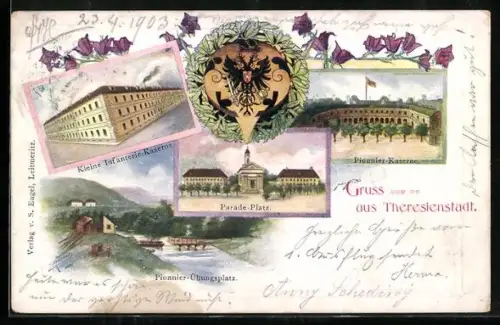 AK Theresienstadt / Terezin, Kleine Infanterie-Kaserne, Pionier-Übungsplatz, Pionier-Kaserne, Parade-Platz