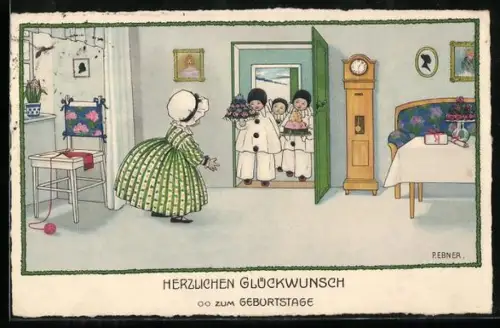 Künstler-AK Pauli Ebner: Kleine Harlekins mit Kuchen für das Geburtstagskind, Geburtstagsgruss