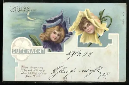 AK Gute Nacht, Frauenköpfe in Blüten