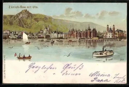 Lithographie Zürich, Ortsansicht, Zürich-See mit Uto, Berggesichter
