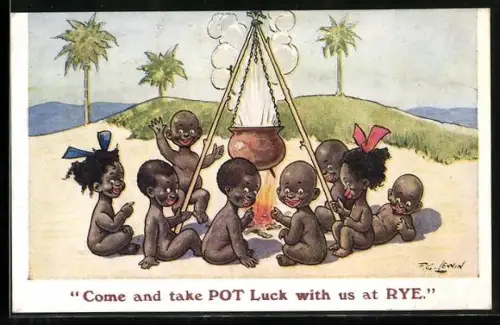Künstler-AK Frederic G. Lewin: Come and take POT Luck with us. kleine Afrikaner mit Kessel