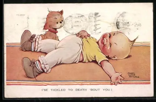 Künstler-AK Mabel Lucie Attwell: Kleiner Junge liegt neben seinem Hund