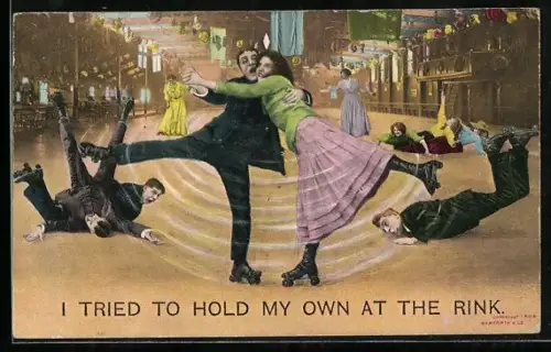 AK I tried to hold my own at the rink, Liebespaar läuft Rollschuh