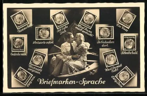AK Liebespaar in einem Ruderboot eingefasst von verschieden angeordneten Briefmarken