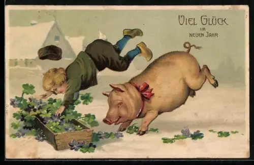 AK Knabe und Schwein nach dem Sprung vor Glücksklee-Trog, Neujahrsgruss