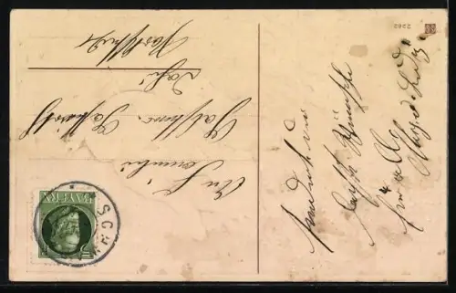 AK Knabe und Schwein nach dem Sprung vor Glücksklee-Trog, Neujahrsgruss