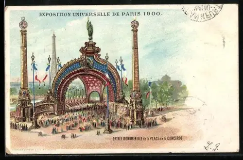 Lithographie Paris, Exposition Universelle 1900, Entree Monumentale de la Place de la Concorde, Weltausstellung