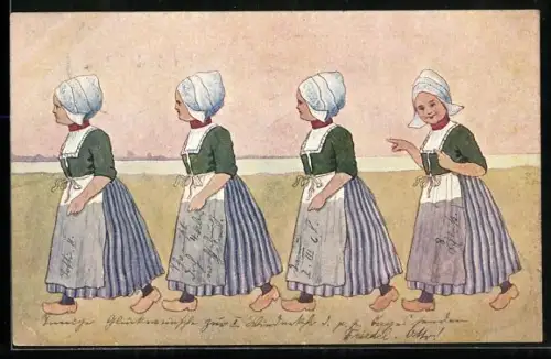 Künstler-AK Brüder Kohn (B.K.W.I) Nr. 648-9: Kleine Niederländerinnen im Gänsemarsch