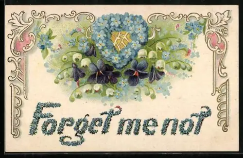 AK Vergissmeinnichtherz und Stiefmütterchen