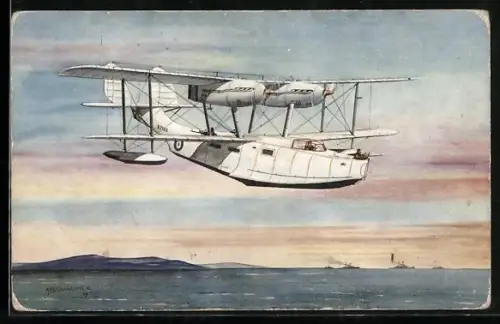 Künstler-AK Wasserflugzeug Vickers Supermarine Scapa fliegt über das Meer