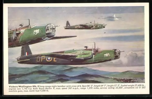 Künstler-AK Vickers-Armstrongs Wellington II, Britische Kampfflugzeuge im Staffelflug
